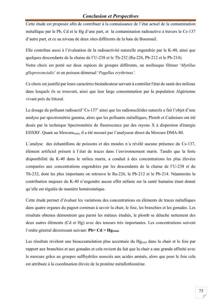 Evaluation de l’activité du Polonium-210 et niveaux des éléments de trace métalliques (Hg, Pb et Cd) dans le biote (Poissons comestibles et fruits de mer), risque sur la santé de l’homme: