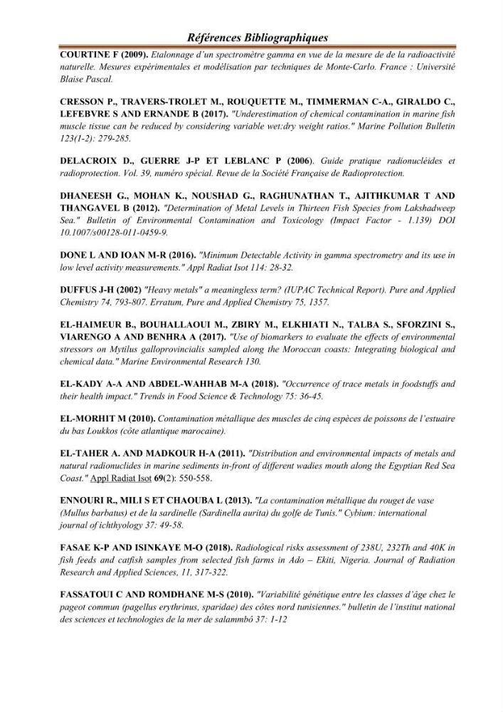 Evaluation de l’activité du Polonium-210 et niveaux des éléments de trace métalliques (Hg, Pb et Cd) dans le biote (Poissons comestibles et fruits de mer), risque sur la santé de l’homme: