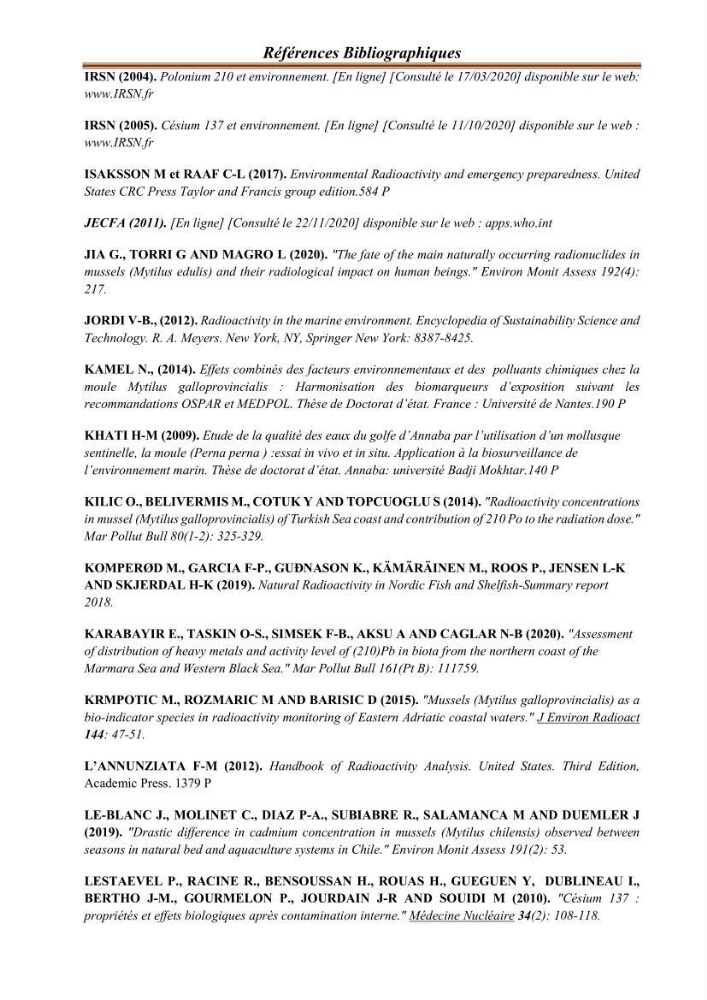 Evaluation de l’activité du Polonium-210 et niveaux des éléments de trace métalliques (Hg, Pb et Cd) dans le biote (Poissons comestibles et fruits de mer), risque sur la santé de l’homme: