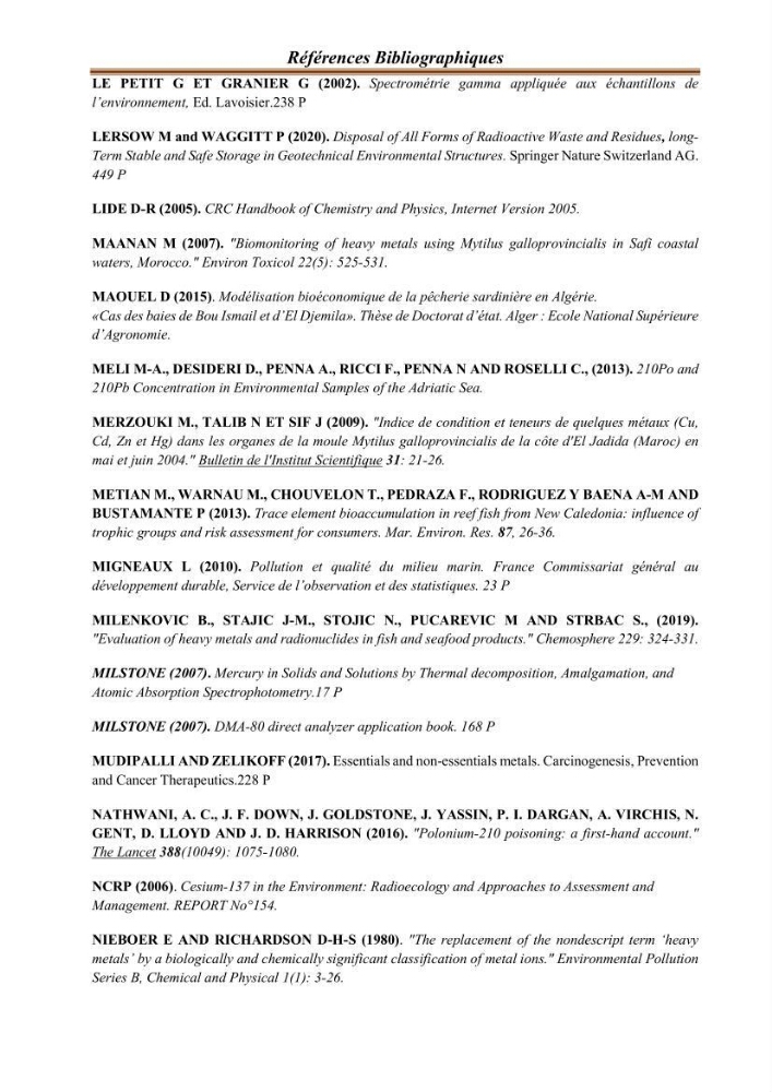 Evaluation de l’activité du Polonium-210 et niveaux des éléments de trace métalliques (Hg, Pb et Cd) dans le biote (Poissons comestibles et fruits de mer), risque sur la santé de l’homme: