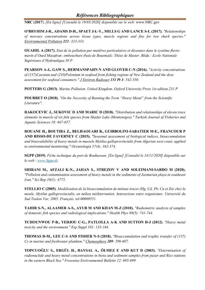Evaluation de l’activité du Polonium-210 et niveaux des éléments de trace métalliques (Hg, Pb et Cd) dans le biote (Poissons comestibles et fruits de mer), risque sur la santé de l’homme: