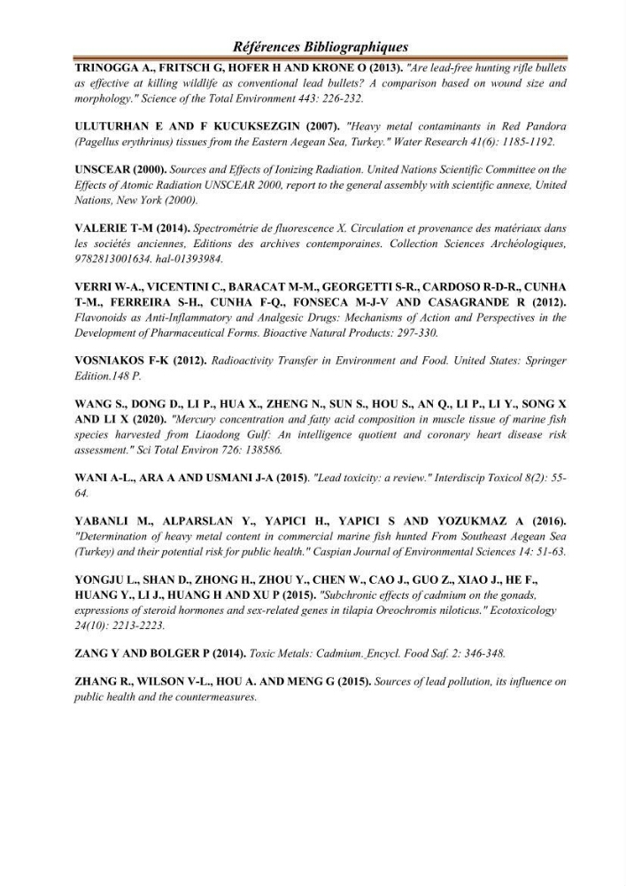 Evaluation de l’activité du Polonium-210 et niveaux des éléments de trace métalliques (Hg, Pb et Cd) dans le biote (Poissons comestibles et fruits de mer), risque sur la santé de l’homme: