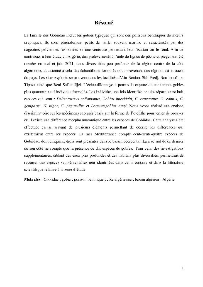 Contribution à l’étude des Gobiidae (Actinopterygii, Perciformes): inventaire d’espèces de quelques ports et plages de la côte algérienne.