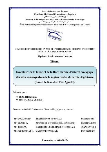Inventaire de la faune et de la flore marine d'intérêt écologique des sites remarquables de la région centre de la côte Algérienne (l'Anse de Kouali et l'île Aguelli): Inventaire de la faune et de la flore marine d'intérêt écologique des sites remarquables de la région centre de la côte Algérienne (l'Anse de Kouali et l'île Aguelli):