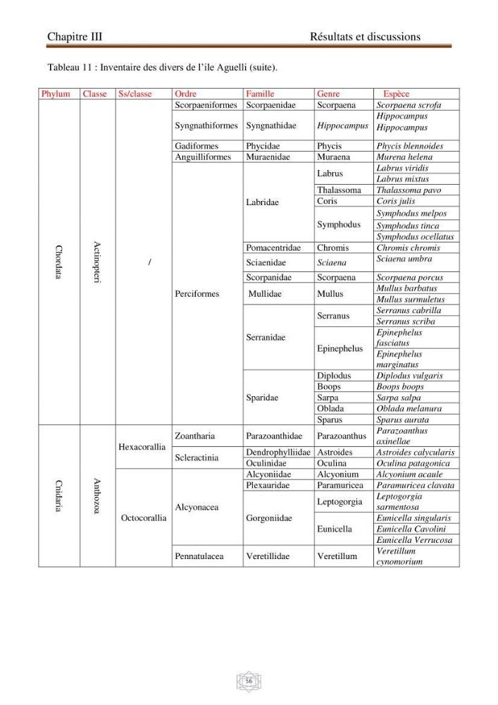 Inventaire de la faune et de la flore marine d\'intérêt écologique des sites remarquables de la région centre de la côte Algérienne (l\'Anse de Kouali et l\'île Aguelli):