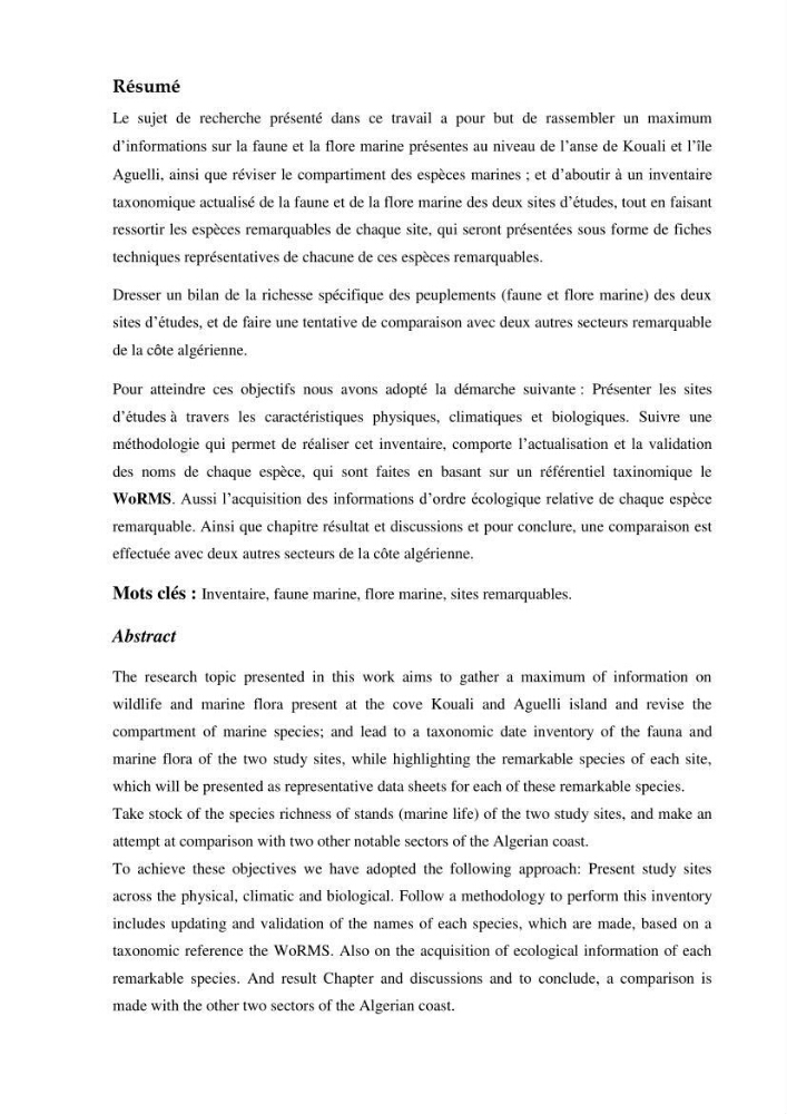 Inventaire de la faune et de la flore marine d\'intérêt écologique des sites remarquables de la région centre de la côte Algérienne (l\'Anse de Kouali et l\'île Aguelli):