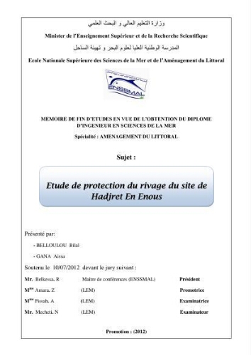 Etude de protection du rivage du site de Hadjret En Enous: Etude de protection du rivage du site de Hadjret En Enous: