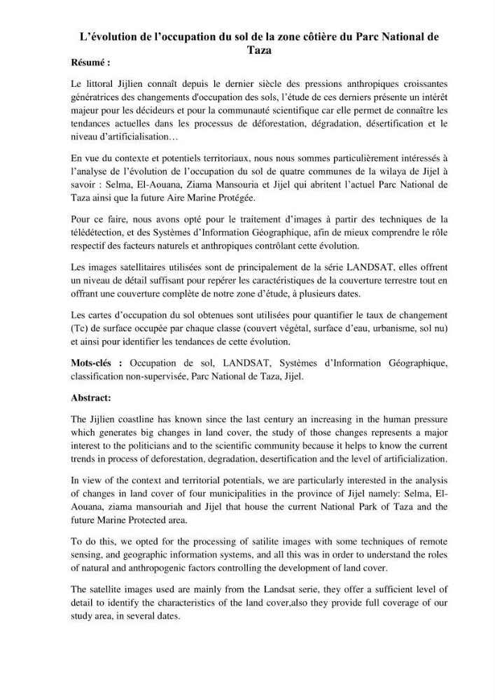 L\'évolution de l\'occupation du sol de la zone côtière du Parc National de Taza Jijel: