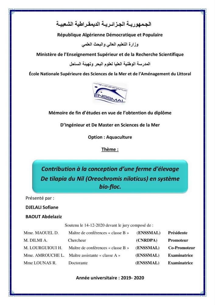 Contribution à la conception d’une ferme d\'élevage De tilapia du Nil (Oreochromis niloticus) en système bio-floc.