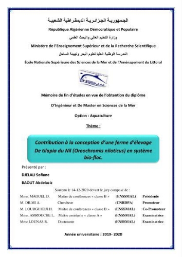 Contribution à la conception d’une ferme d'élevage De tilapia du Nil (Oreochromis niloticus) en système bio-floc. Contribution à la conception d’une ferme d'élevage De tilapia du Nil (Oreochromis niloticus) en système bio-floc.