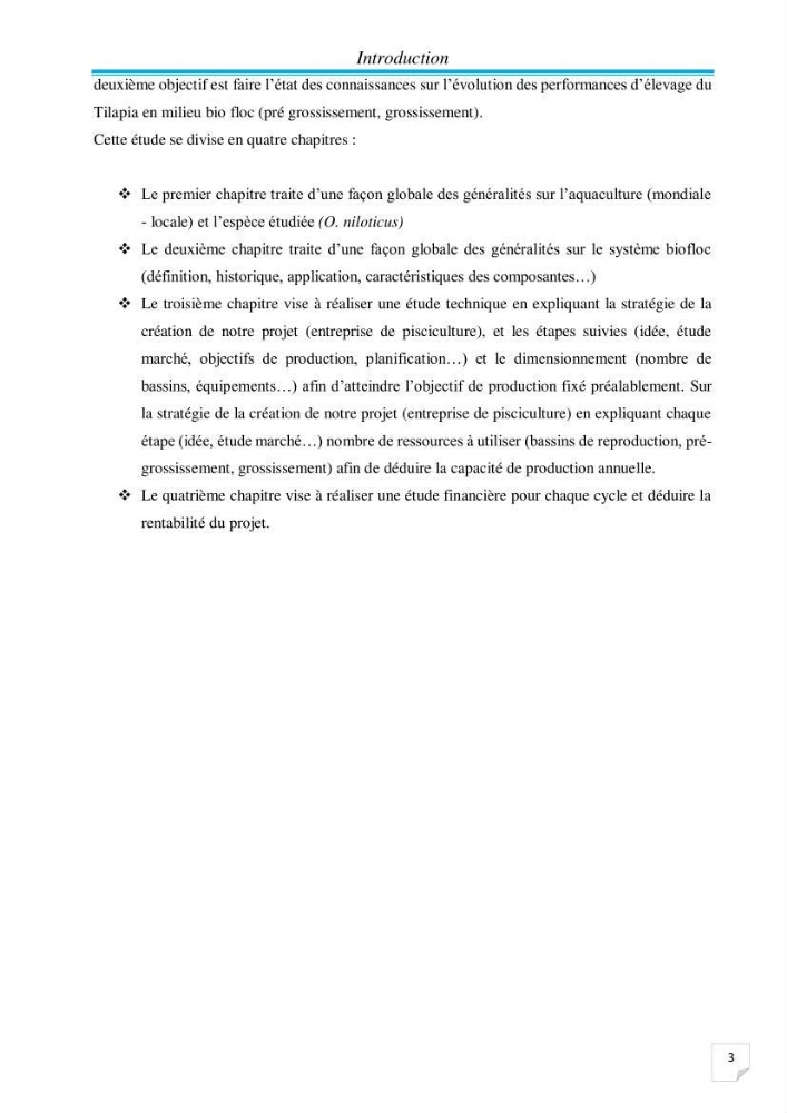 Contribution à la conception d’une ferme d\'élevage De tilapia du Nil (Oreochromis niloticus) en système bio-floc.