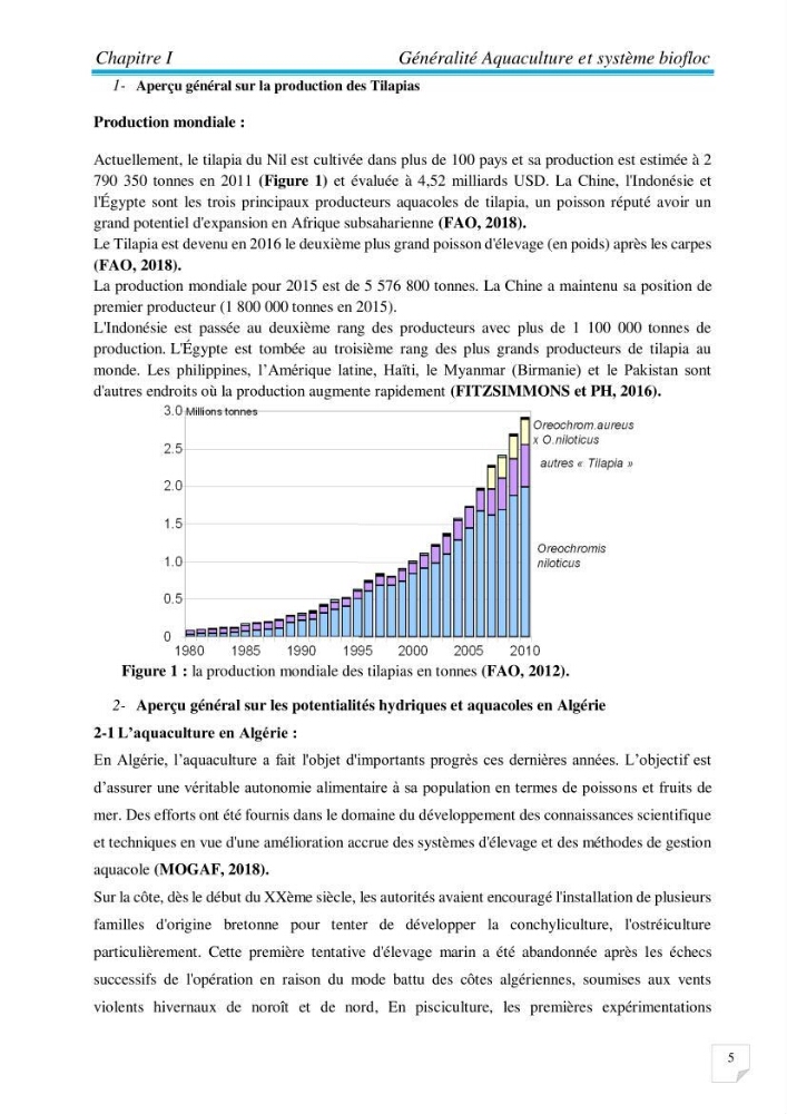 Contribution à la conception d’une ferme d\'élevage De tilapia du Nil (Oreochromis niloticus) en système bio-floc.