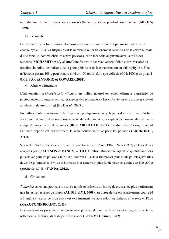 Contribution à la conception d’une ferme d\'élevage De tilapia du Nil (Oreochromis niloticus) en système bio-floc.