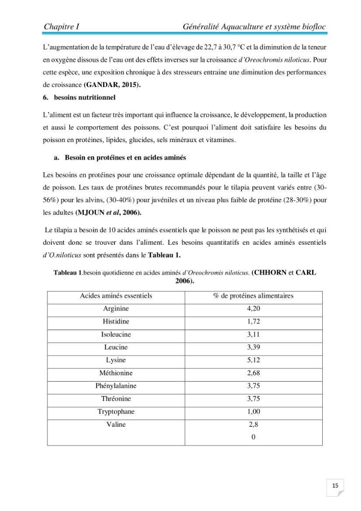 Contribution à la conception d’une ferme d\'élevage De tilapia du Nil (Oreochromis niloticus) en système bio-floc.