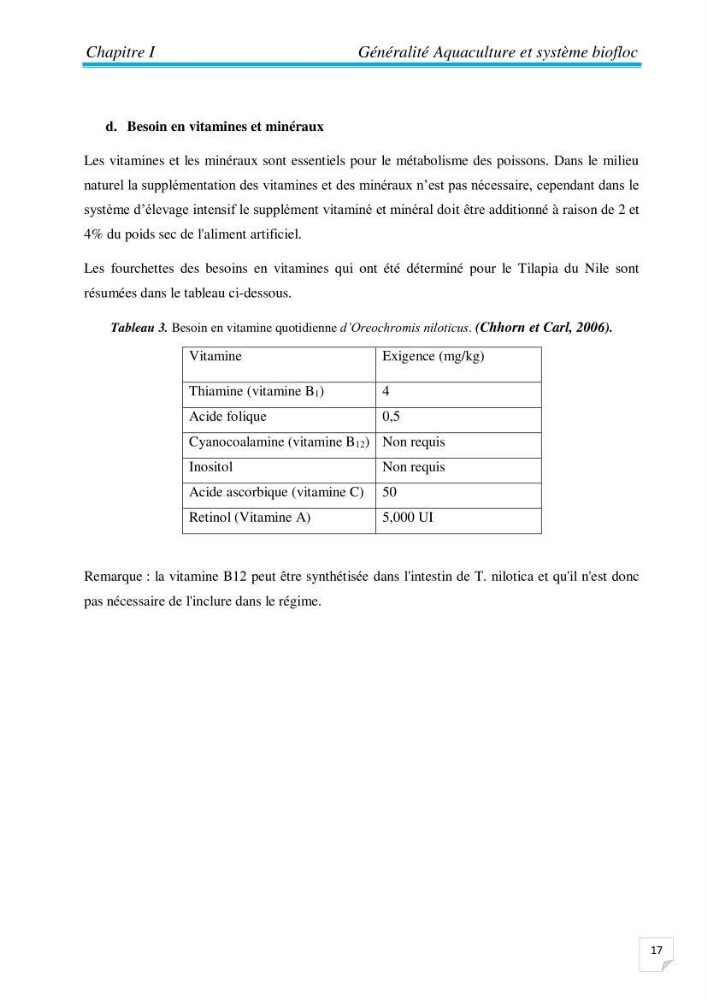 Contribution à la conception d’une ferme d\'élevage De tilapia du Nil (Oreochromis niloticus) en système bio-floc.