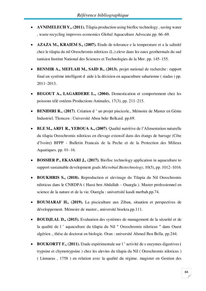 Contribution à la conception d’une ferme d\'élevage De tilapia du Nil (Oreochromis niloticus) en système bio-floc.