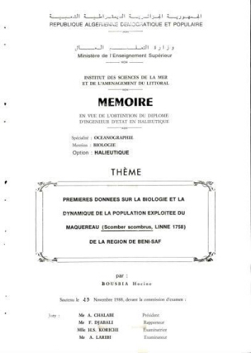 Premières données sur la biologie et la dynamique de la population exploitée du maquereau Scomber scombrus (Linné, 1758) de la région de Beni Saf Premières données sur la biologie et la dynamique de la population exploitée du maquereau Scomber scombrus (Linné, 1758) de la région de Beni Saf