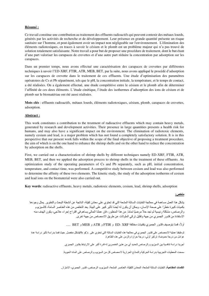 Elimination d’élément radioactif Cs* et d’élément trace métallique Pb en solution aqueuse par adsorption sur les carapaces de crevettes