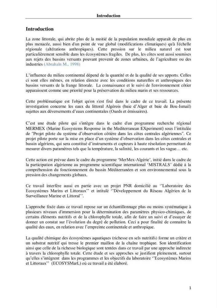 Suivi des paramètres physico-chimiques et des sels nutritifs dans les eaux de l\'Algérois