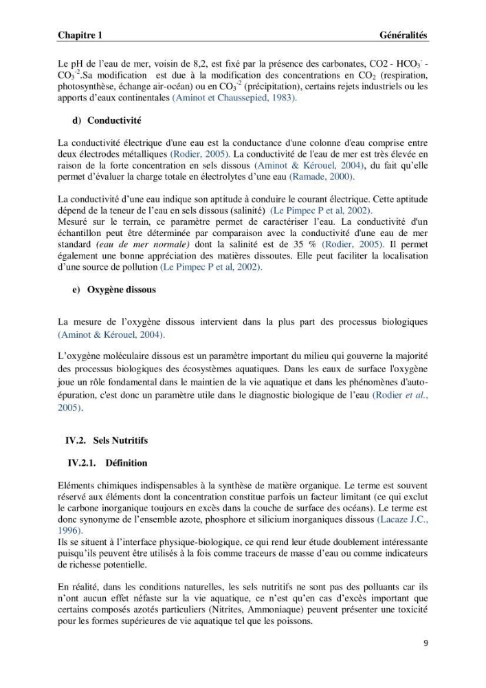 Suivi des paramètres physico-chimiques et des sels nutritifs dans les eaux de l\'Algérois