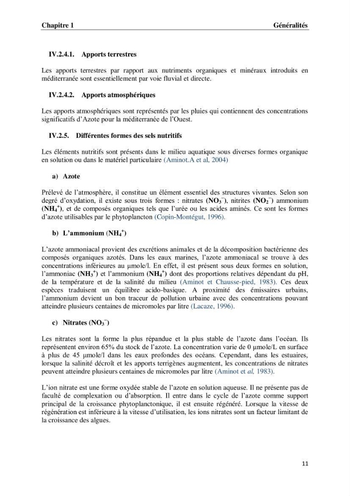 Suivi des paramètres physico-chimiques et des sels nutritifs dans les eaux de l\'Algérois