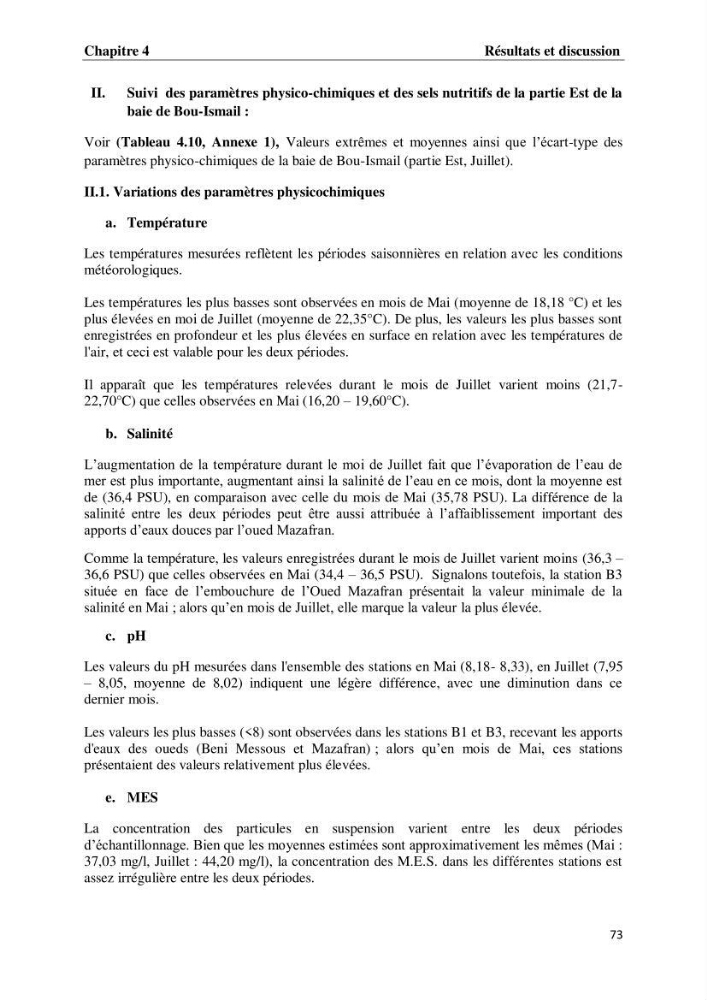 Suivi des paramètres physico-chimiques et des sels nutritifs dans les eaux de l\'Algérois