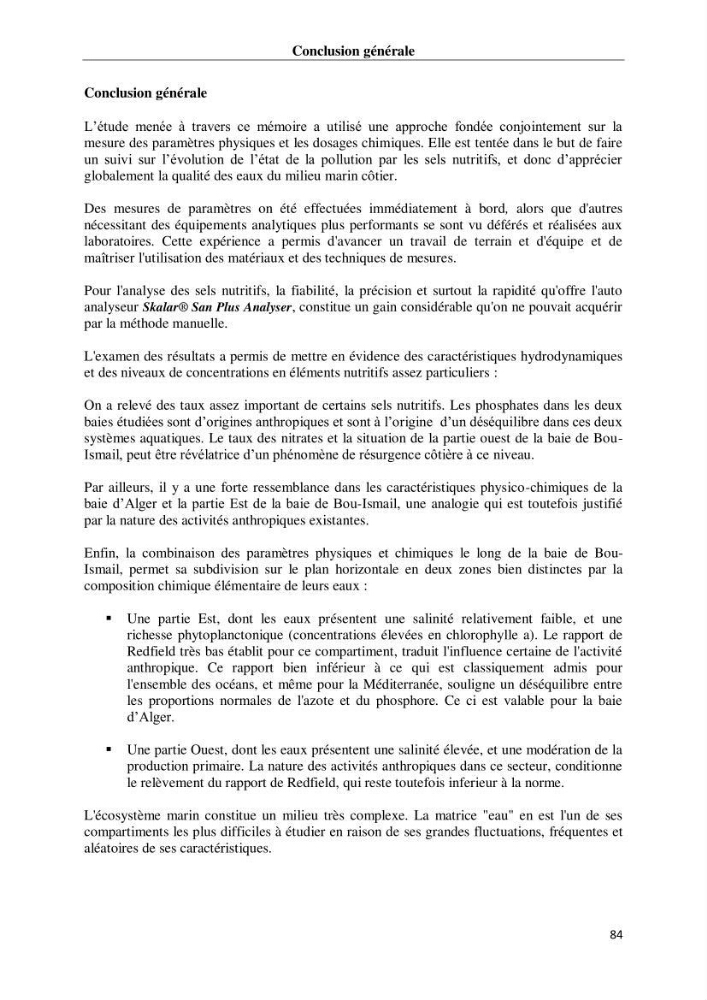 Suivi des paramètres physico-chimiques et des sels nutritifs dans les eaux de l\'Algérois