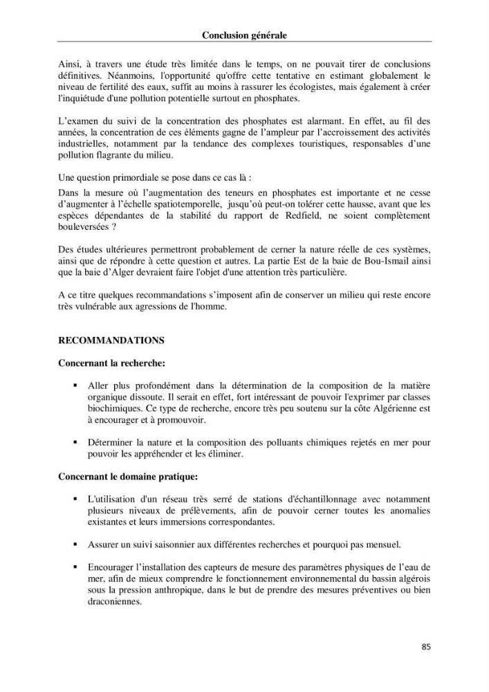 Suivi des paramètres physico-chimiques et des sels nutritifs dans les eaux de l\'Algérois