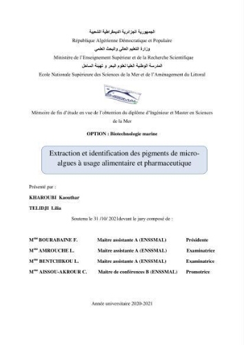 Extraction et identification des pigments de micro-algues à usage alimentaire et pharmaceutique Extraction et identification des pigments de micro-algues à usage alimentaire et pharmaceutique