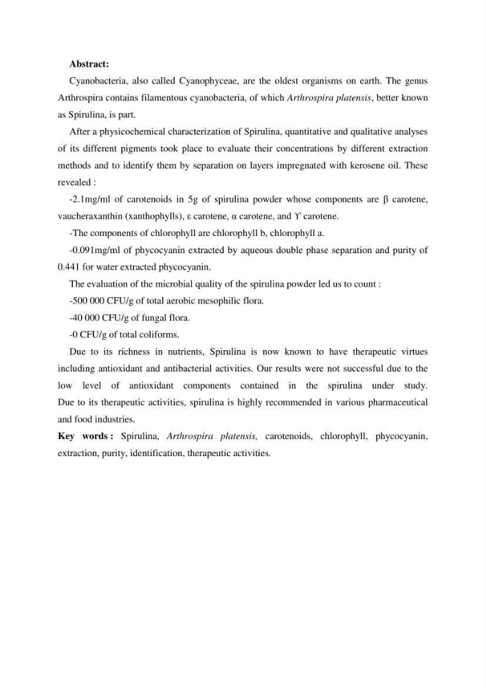Extraction et identification des pigments de micro-algues à usage alimentaire et pharmaceutique