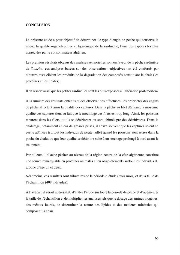 Effet des engins de pêche sur la qualité organoleptique et hygiénique de l\'allache Sardeinella aurita Valenciennes,1847 de la région centre de la côte Algérienne