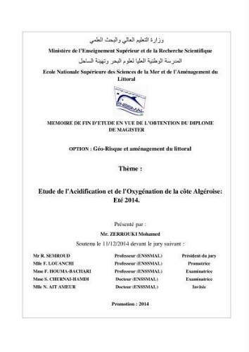 Etude de l'acidification et de l'oxygénation de la côte Algerienne Etude de l'acidification et de l'oxygénation de la côte Algerienne