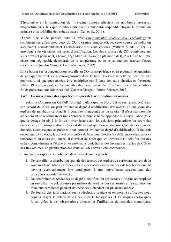 Etude de l\'acidification et de l\'oxygénation de la côte Algerienne