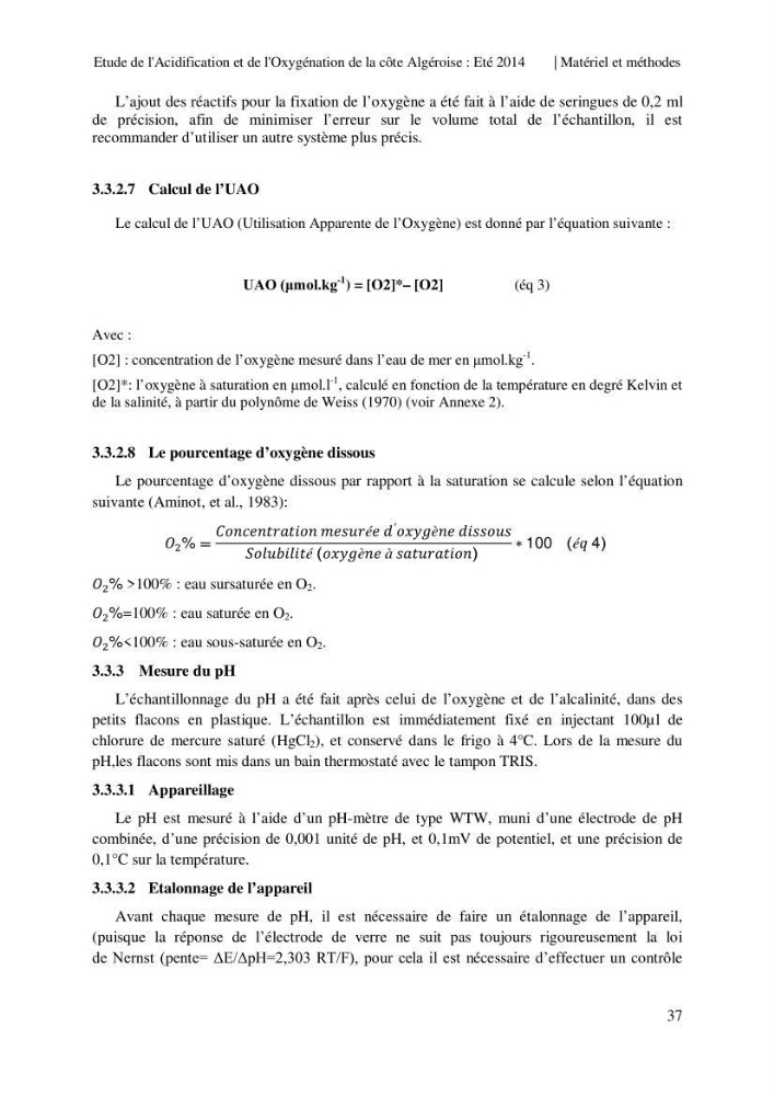 Etude de l\'acidification et de l\'oxygénation de la côte Algerienne