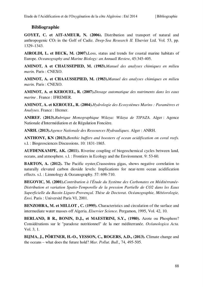 Etude de l\'acidification et de l\'oxygénation de la côte Algerienne