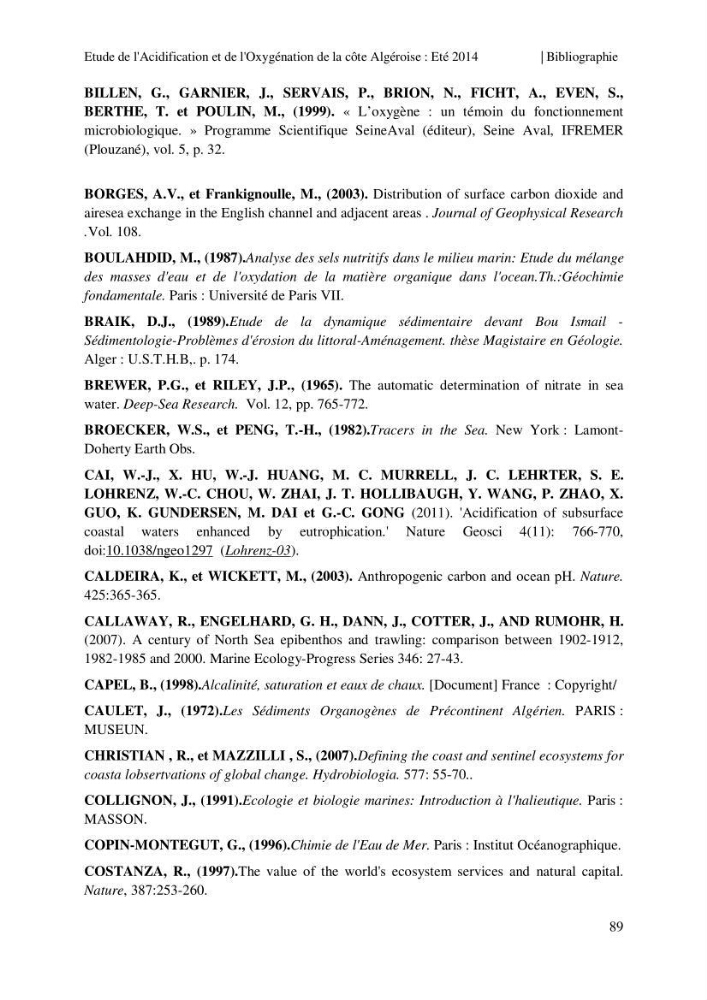 Etude de l\'acidification et de l\'oxygénation de la côte Algerienne