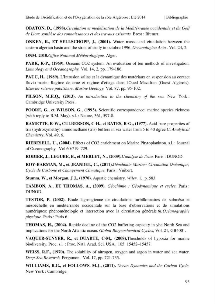 Etude de l\'acidification et de l\'oxygénation de la côte Algerienne