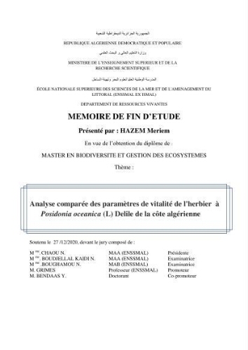 Analyse comparée des paramètres de vitalité de l'herbier à Posidonia oceanica (L) Delile de la côte algérienne Analyse comparée des paramètres de vitalité de l'herbier à Posidonia oceanica (L) Delile de la côte algérienne