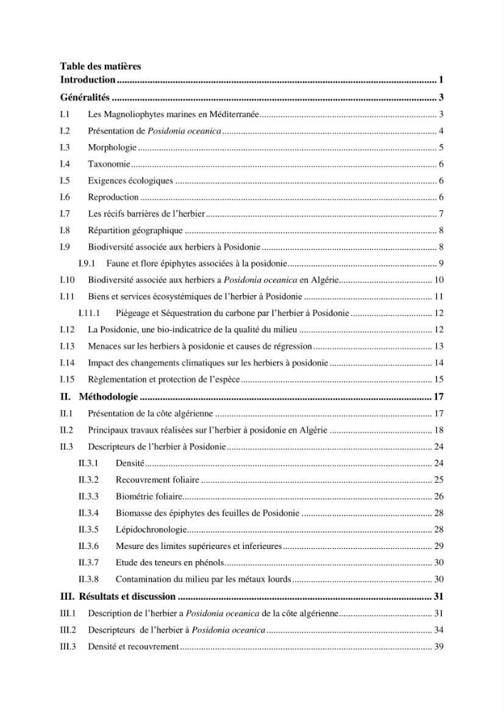 Analyse comparée des paramètres de vitalité de l\'herbier à Posidonia oceanica (L) Delile de la côte algérienne