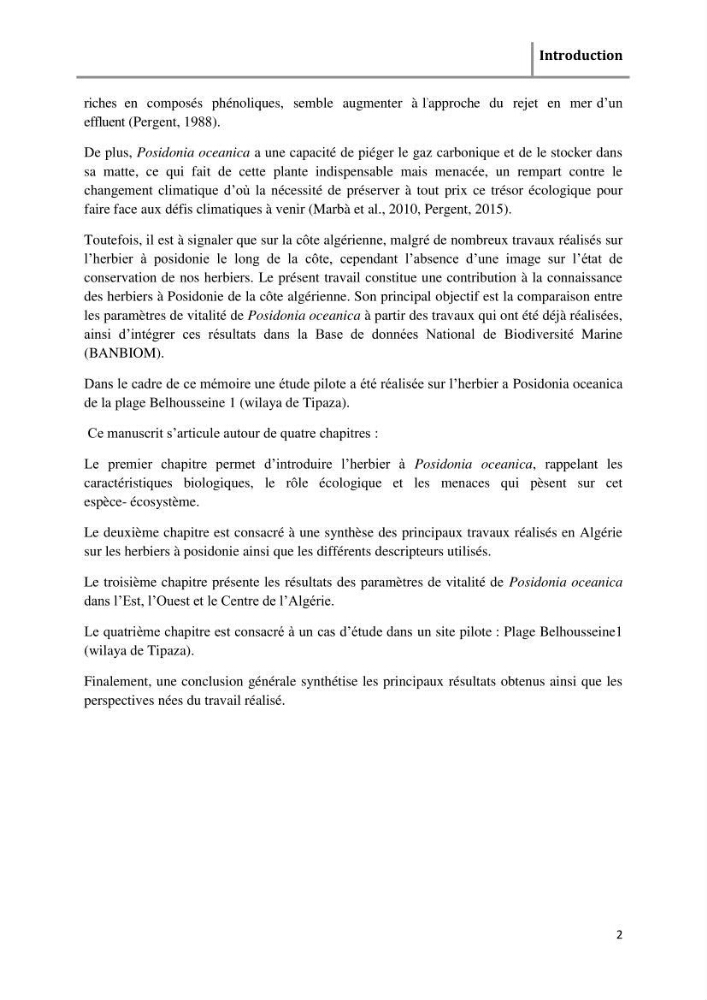 Analyse comparée des paramètres de vitalité de l\'herbier à Posidonia oceanica (L) Delile de la côte algérienne