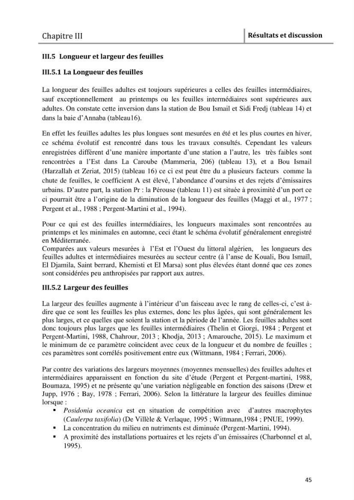 Analyse comparée des paramètres de vitalité de l\'herbier à Posidonia oceanica (L) Delile de la côte algérienne