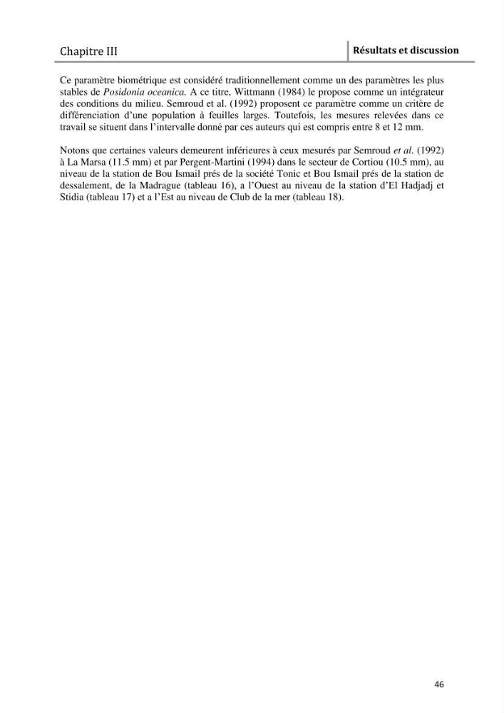 Analyse comparée des paramètres de vitalité de l\'herbier à Posidonia oceanica (L) Delile de la côte algérienne