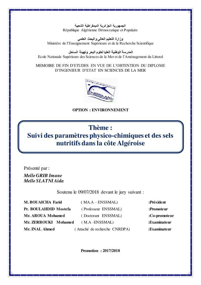 Suivi des paramètres physico-chimiques et des sels nutritifs dans la côte Algéroise