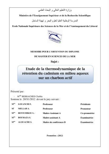 Etude de la thermodynamique de la retention du cadmium en milieu aqueux sur un charbon actif: Etude de la thermodynamique de la retention du cadmium en milieu aqueux sur un charbon actif: