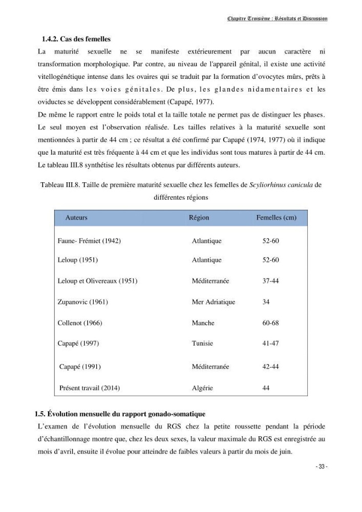 Contribution à la biologie de Scyliorhinus canicula ( Elasmobranches, Scyliorhinidae) dans la région d\'Alger