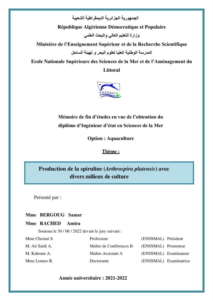 Production de la spiruline (Arthrospira platensis) avec divers milieux de culture