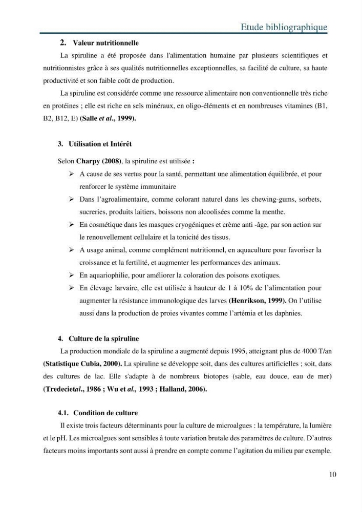 Production de la spiruline (Arthrospira platensis) avec divers milieux de culture