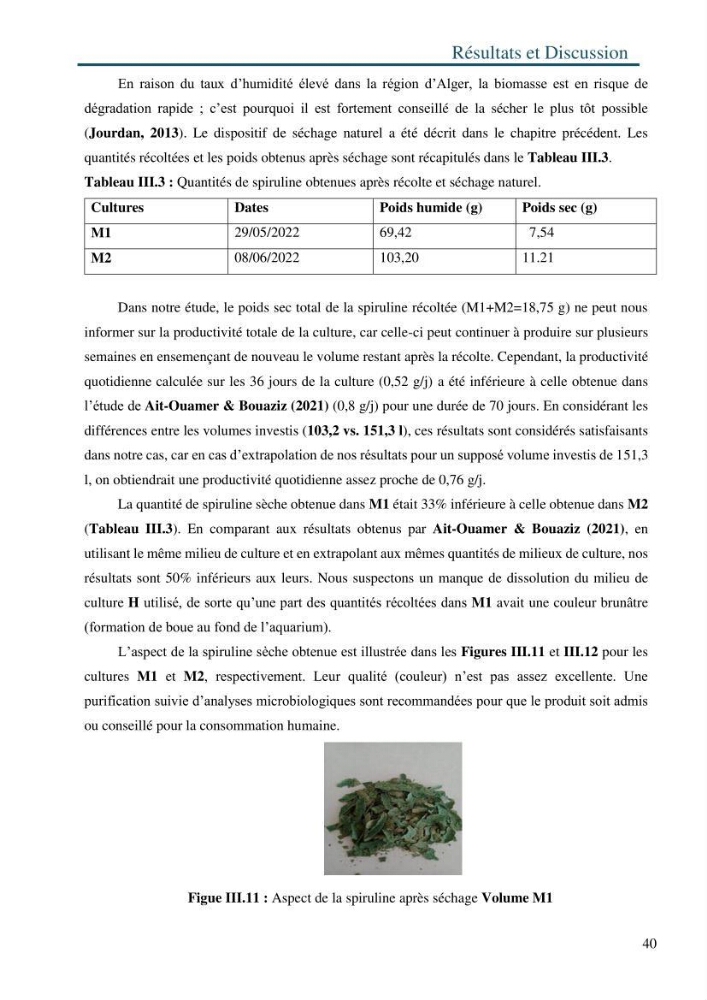 Production de la spiruline (Arthrospira platensis) avec divers milieux de culture