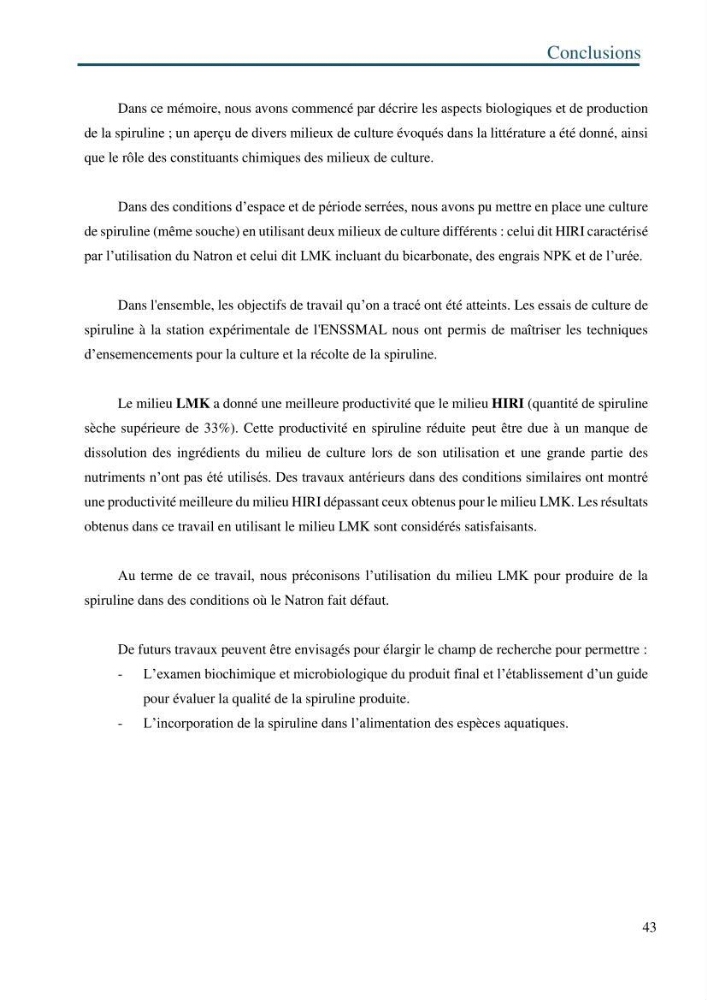 Production de la spiruline (Arthrospira platensis) avec divers milieux de culture