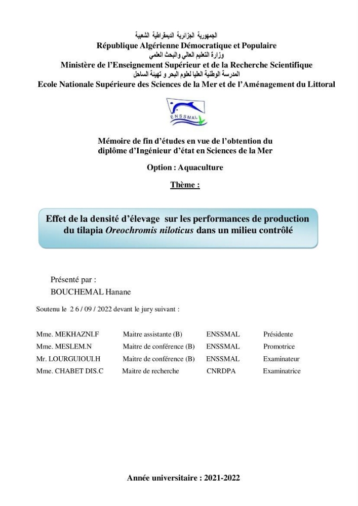 Effet de la densité d\'élevage sur les performances de production du tilapia Oreochromis sp dans un milieu contrôlé